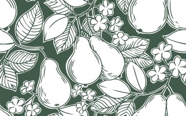 Armutlu, kusursuz monokrom deseni. çiçekler, yapraklar ve armut meyveleri, soyut baskı