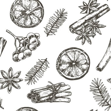 Kusursuz bir Noel deseni. Lahana dalları, kutsal ve kurutulmuş portakal ve tarçınlı.