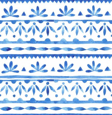 Mavi yatay damaske süslemeli suluboya desenli. el çizimi