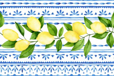 suluboya desenli mavi damaske kiremitleri ve olgun limonlarla.