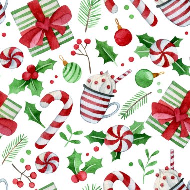 Şirin noel suluboya desenli hediyeler, şekerler. Çocuklar için kusursuz baskı, çizgi film