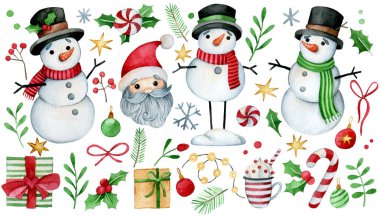 Suluboya resimleme, Noel elementleri seti, kardan adamlar ve Noel Baba. Güzel çizimler, çizgi film.