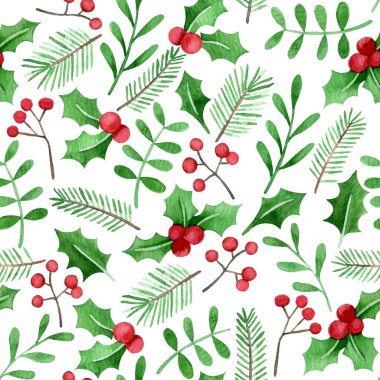 Noel bitkileriyle sulu boya desenli. Basit yazdırma