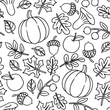 Sonbahar elementlerinin kusursuz vektör deseni. Karalama tarzı, boyama kitabı. rahat sonbahar