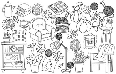 Vektör çizimi, konforlu ev elemanları seti. Sonbahar içleri, güzel çizimler. Boyama kitabı
