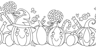 Boyama kitabı. Vektör deseni, şirin Cadılar Bayramı balkabaklarıyla, şekerlerle ve şekerlerle kusursuz sınır. kawaii. Doodle tarzı çizim