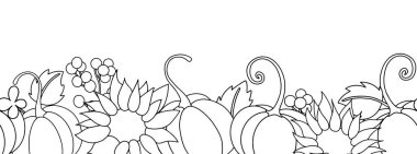 Coloring page. Vector drawing seamless border autumn composition with harvest, with pumpkins and sunflower flowers in vintage style. Thanksgiving card. Drawing in doodle style clipart