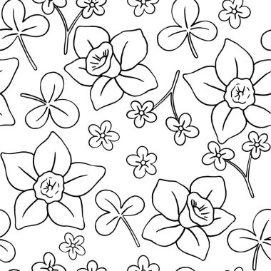 Boyama kitabı. Paskalya ve bahar temalı kusursuz bir model. Yabani çiçekler. Çizim biçimi