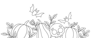 Boyama kitabı. Cadılar Bayramı için vektör sınırı. Çocuk partisi için hoş bir çerçeve. Kelime