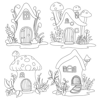 Boyama kitabı. Bir dizi sevimli mantar evi. Çocuklar için vektör çizimi. Ormandaki ev. Kelime