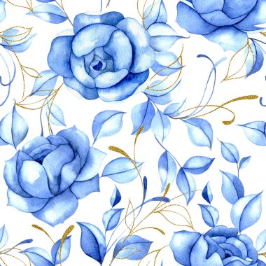Mavi çiçekli ve altın yapraklı suluboya desenli. Mavi güller, klasik izler.