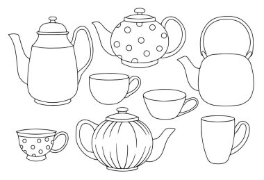Boyama kitabı. Karalama tarzında vektör illüstrasyonu. Çaydanlık ve fincanlar. Çay için şirin, kaliteli çaydanlıklar ve kupalar.