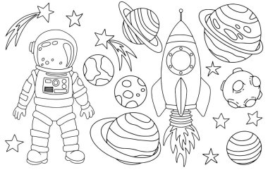 Uzay roketi, gezegenler ve astronotla vektör ayarlandı. Çizim tarzında boyama kitabı