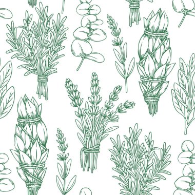 Bitkilerle, biberiyeyle, lavantayla, adaçayıyla kusursuz desen. Robot resim biçiminde vektör illüstrasyonu.
