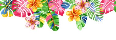 Renkli, parlak çiçekler ve tropikal yapraklardan oluşan kusursuz bir sınır. soyutlama, saykodelik çerçeve