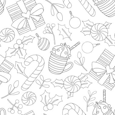 Boyama kitabı. Hediyeli, şekerli şirin noel vektör deseni. Karalama tarzında, çocuklar için kusursuz baskı