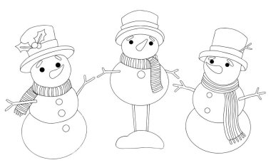 Boyama kitabı. Şirin vektör çizimi, Noel kardan adamları. Komik karakter, karalama