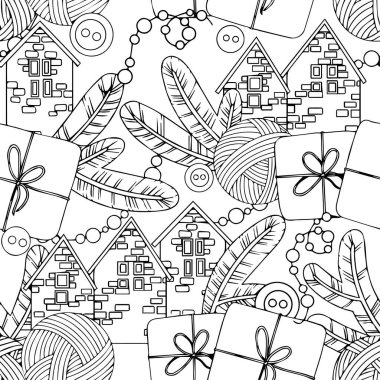 Noel ve Yeni Yıl temasında kusursuz vektör deseni. Güzel Noel evleri, çelenkler ve ağaç dalları karalama tarzında. Boyama kitabı