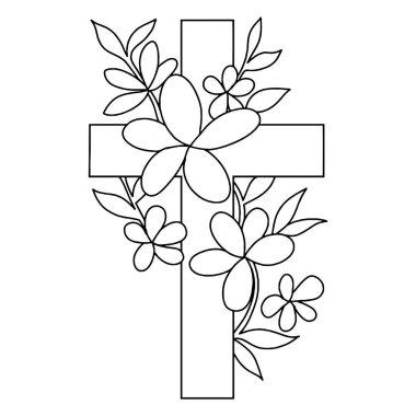 Vektör çizimi, Hıristiyan haçı ve çiçekler. Dini sembol, Paskalya tatili. Boyama kitabı