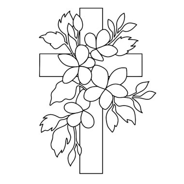 Vektör çizimi, Hıristiyan haçı ve çiçekler. Dini sembol, Paskalya tatili. Boyama kitabı