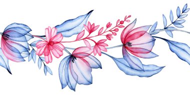 Şeffaf lalelerin, kır çiçeklerinin ve röntgenlerin dikişsiz sınırı. Zarif pembe ve mavi çerçeve