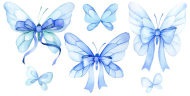 suluboya çizimler, papyonlu ve mavi kurdeleli kelebekler.