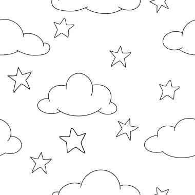 Şirin bulutları ve yıldızları olan kusursuz bir model. Basit bir bebek izi. Boyama kitabı