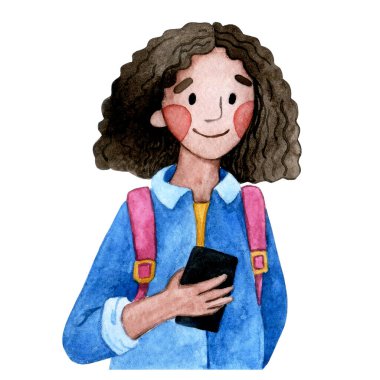 Elinde telefon olan sevimli karakter öğrencisi kız. suluboya resimleme