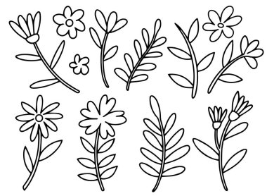 Çiçekler ve yapraklar karalama tarzında. Basit soyut bitkiler