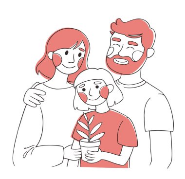 Basit bir karalama tarzında aile portresi. Ergen çocuklu bir çiftin el çizimi tasviri. satır sanatı