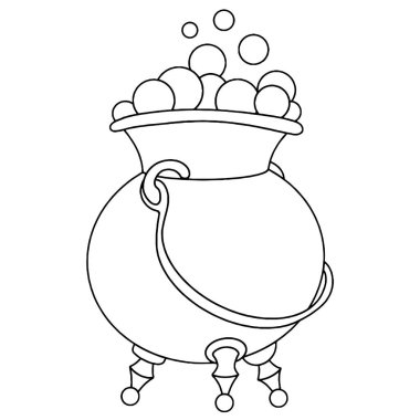 Boyama kitabı. Vektör çizimi, iksirli cadı kazanı. Büyücülük okulu, sihir.