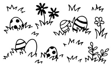 Yumurta ve çiçekli Paskalya seti. Karalama tarzında basit illüstrasyon, boyama kitabı