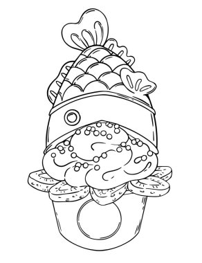 Vektör illüstrasyon Asyalı tatlılar, sokak yemekleri. Dondurma balığı. boyama kitabı