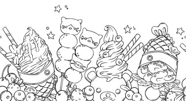 Vektör illüstrasyon, Asya tatlılarıyla sınırsız sınır. Kawaii sokak yemeği. boyama kitabı