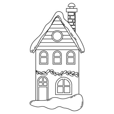 Yetişkinler için boyama kitabı, şirin bir Noel evi. Karalama biçiminde vektör illüstrasyonu.