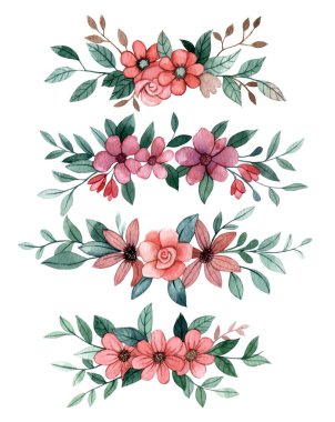 Bir dizi metin ayırıcı. Şirin çiçek ve yaprakların suluboya çizimi, basit bir çizim. kolleksiyon kitabı