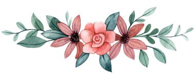 Metin ayırıcı. Şirin çiçek ve yaprakların suluboya çizimi, basit bir çizim. kolleksiyon kitabı