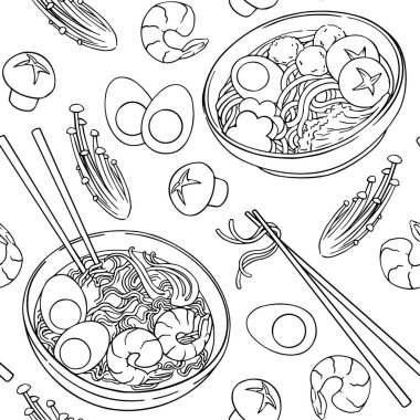 Yetişkinler için boyama kitabı. Kusursuz desenli Asya mutfağı, erişteli kaseler ve erişte malzemeleri. Çizgi biçiminde vektör çizimi, çizgi çizimi