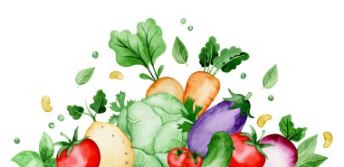 suluboya çizim, çiftlik sebzeleriyle kompozisyon. Basit bir şekilde sevimli çizim.