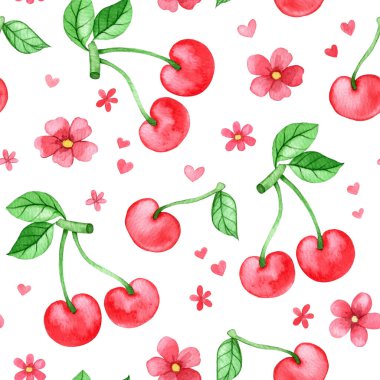 Pembe çiçekli ve vişneli şirin, pürüzsüz desen. suluboya karikatür çizimi