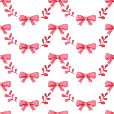 Pembe kurdeleli, pürüzsüz bir desen. suluboya baskı.
