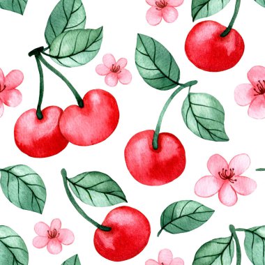 Suluboya çizimi, kiraz ve çiçeklerin kusursuz deseni. şirin çizgi film baskısı
