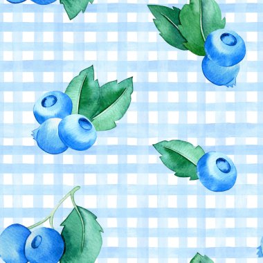 Mavi kareli ve yaban mersinli kusursuz suluboya desenli. şirin yazdırma