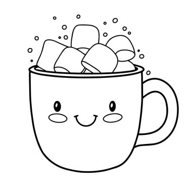 Boyama kitabı. Şirin Noel çizimleri, gülen bir fincan kremalı sıcak çikolata.