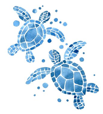 Suluboya resimleme, deniz kaplumbağalarıyla hazırlanmış. Basit mavi