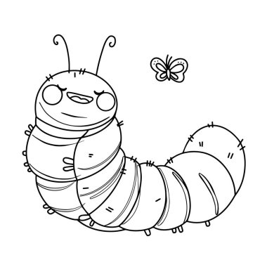 Çocuklar için boyama kitabı. Şirin tırtıl. Kawaii tarzı karakter, vektör illüstrasyonu