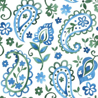 Beyaz arkaplanda mavi ve yeşil renkte doğu desenli sulu boya deseni