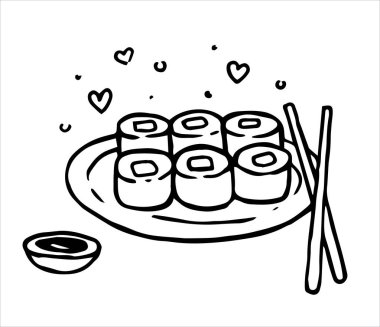 Soya soslu ve çubuklu bir tabak suşi. vektör karalama çizimi.