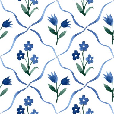 Kiremitlerin üzerinde sevimli çiçekler olan kusursuz suluboya deseni.