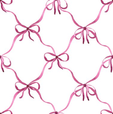 Pembe kurdeleli ve fiyonklu kusursuz suluboya deseni.